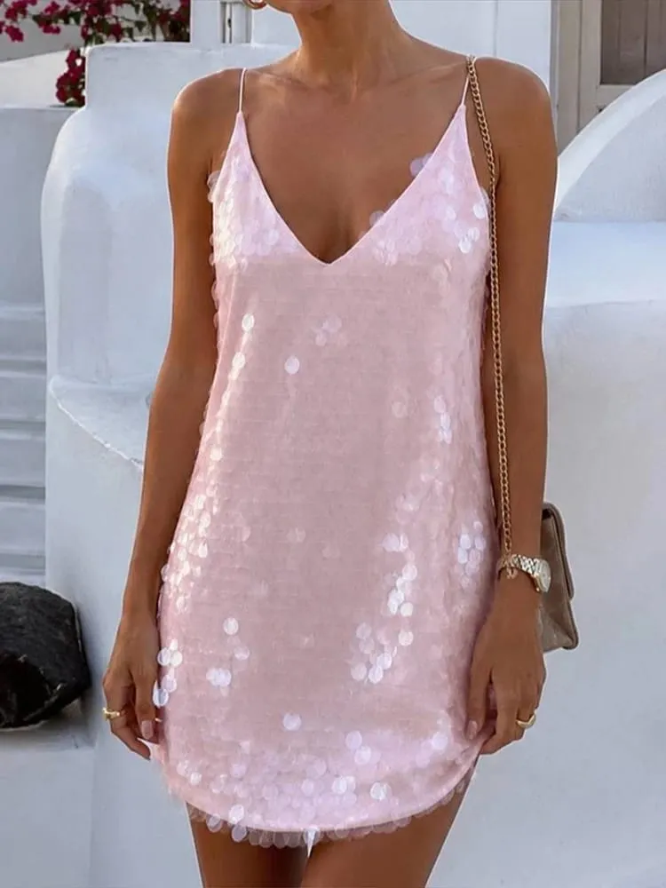 Sexy Sequined Women's Dress Sleeveless V-Neck Sling Loose Lady Mini Dresses 2026 Summer Autumn Chic Female Vacation Robe — image 5