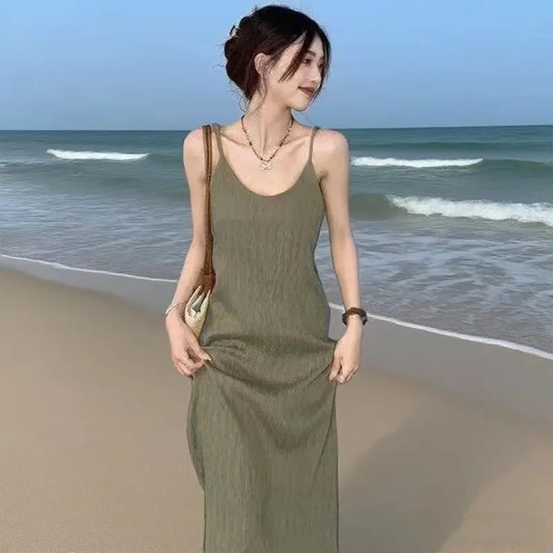 Summer Pleated Cami Dress Slimming Lazy Style French Sexy Fitted Luxe Long Dress for Women Hot Selling Versatile