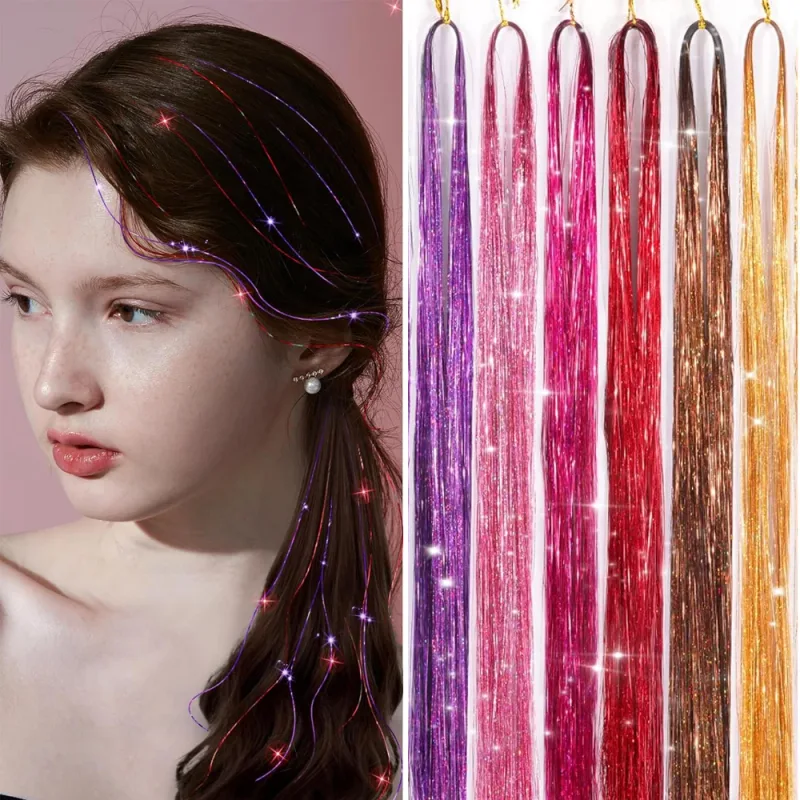 6Pcs/set Sparkle Shiny Hair Tinsel Hair Extensions Dazzles Women Hippie for Braiding Headdress Hair Braiding Tools Long 60cm — image 11