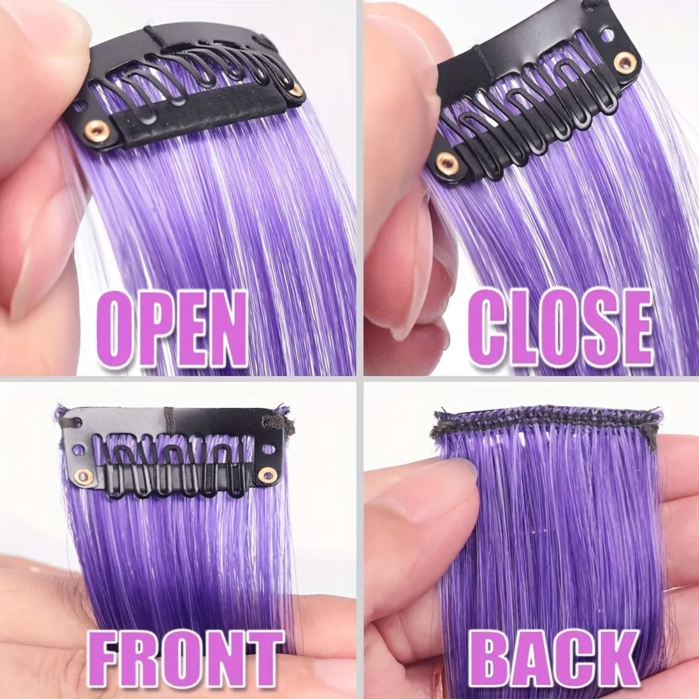 5pcs/set Colorful Clip In Synthetic Hair Extension Rainbow Long Straight Hairpieces For Women Girl Kids Y2K Style Daily Party — image 4