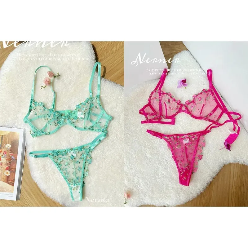 Transparent Floral Lace Embroidery Bra Set Summer Thin Minimizer Underwear Soft Breathable Full Bust Female Home Daily Wear S-XL