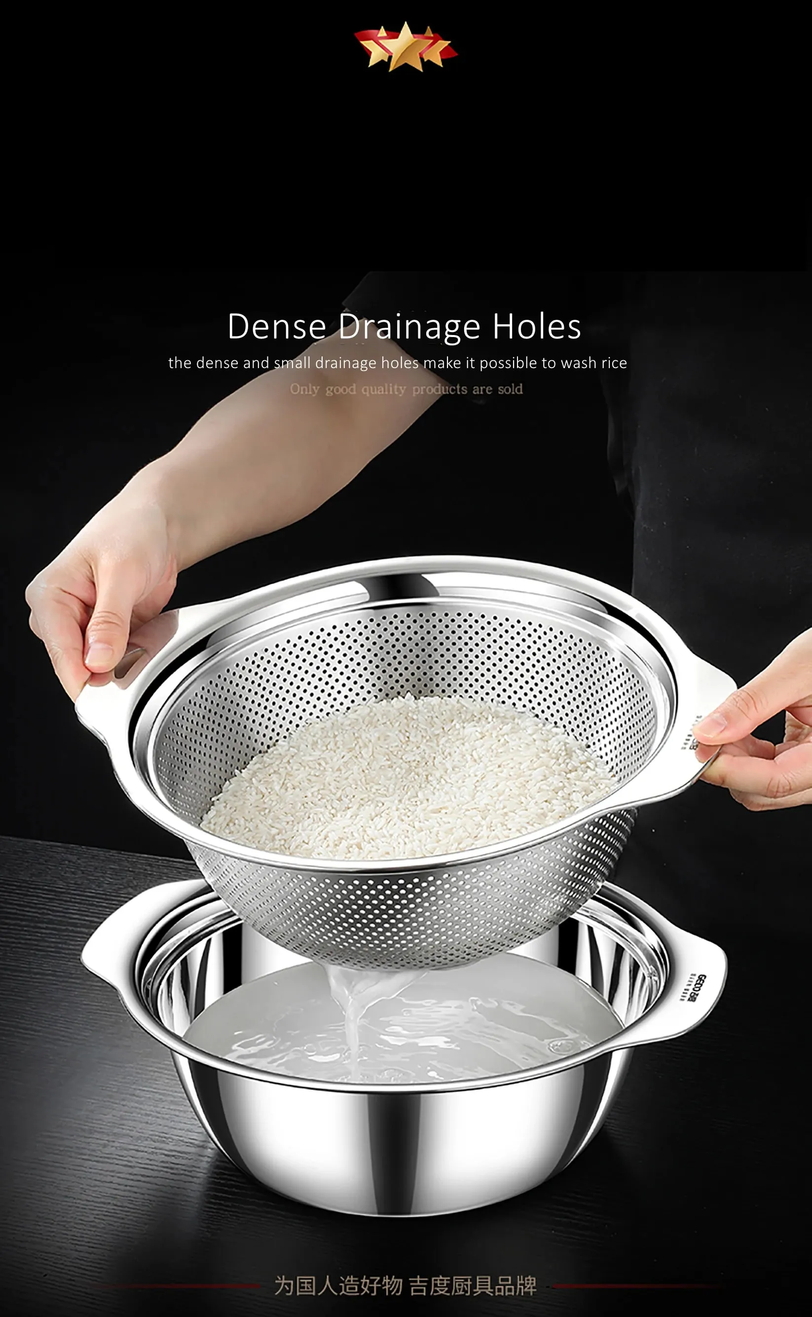 LFGB Certification Kitchen Fruit Vegetable and Rice Washing Basin 23~31cm Diameter Dense Drainage Hole Colander with Side Handle — image 8
