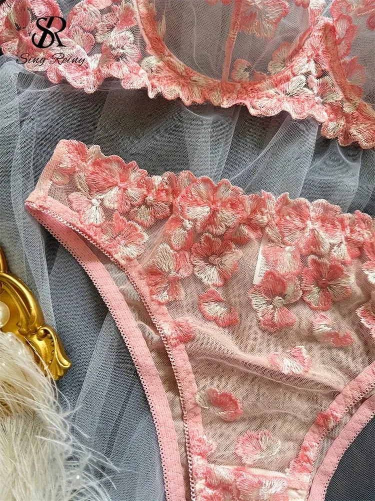 Malha pura lingerie duas peças ternos francês floral seusual conjuntos de roupa interior feminino bordado sexy sutiã e cuecas conjuntos — image 6
