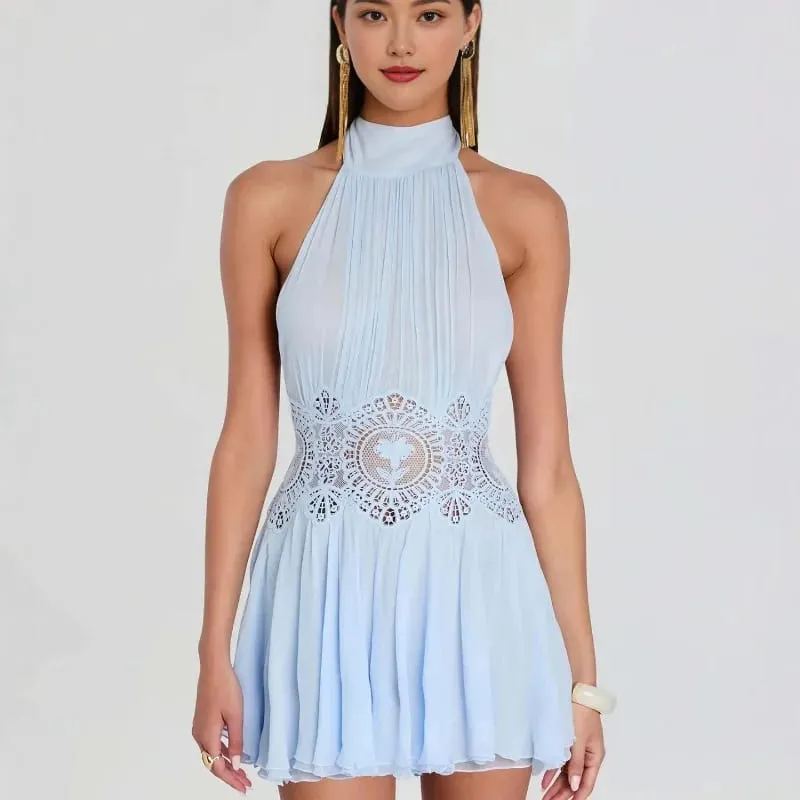 Sexy Hollow Out Solid Women Min Dress Beach Pleated Lace Up Backless Sleeveless Pambabae Dresses 2026 Summer Lady Robe Bago — image 7