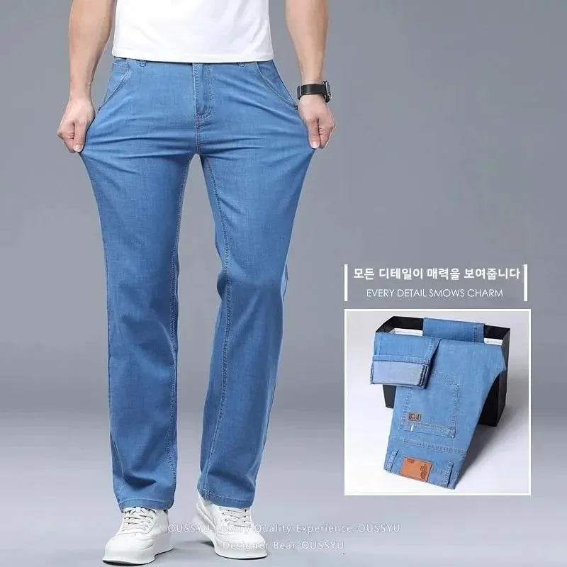 Summer Thin Men's Elastic Cotton Jeans Fashion Business Straight Casual Denim Pants Male Work Clothes Slim Trousers Plus Size 40 — image 3
