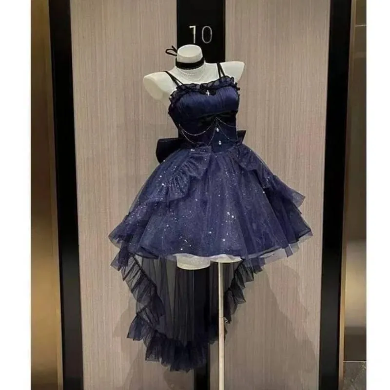 Gotisk Röd Lolita JSK Klänning Dam Spaghetti Band Volang Tyll Kjol Kedja Rosett Dekor Hög Låg Fåll Vintage Princess Festklänning — image 7