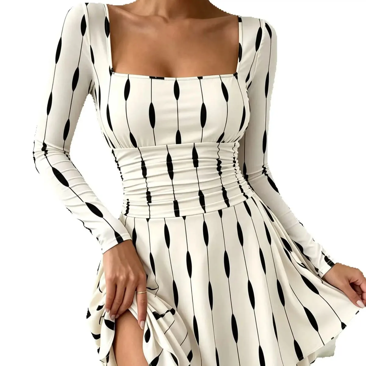 Autumn Geometric Print Mini Dress Women's Sexy Square Neck Long Sleeve Waist Cinched A-Line Skirt Length Fashionable — image 6