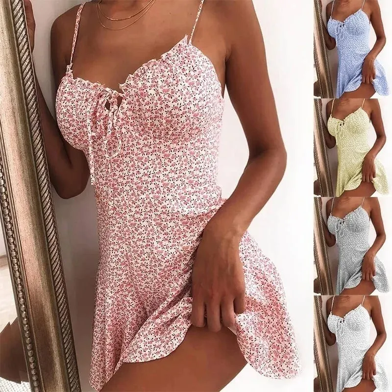 2023 feminino verão cinta de espaguete floral impressão gravata frente mini vestido y2k sexy vestido patry praia estilo novo all-match saia floral — image 2