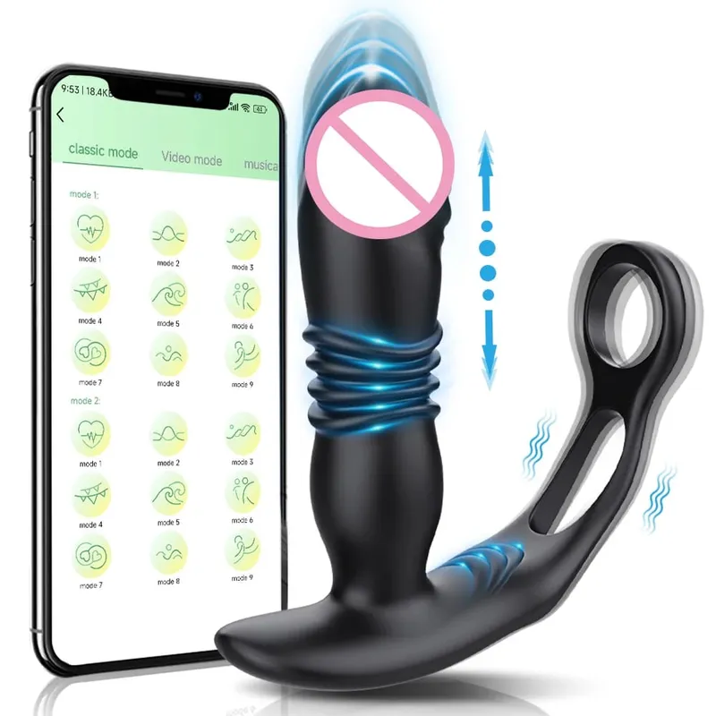 APP Control Thrusting Prostate Massager for Men Telescopic Anal Vibrator for Gay Butt Plug Cock Ring Adult Goods Sex Toy for Men