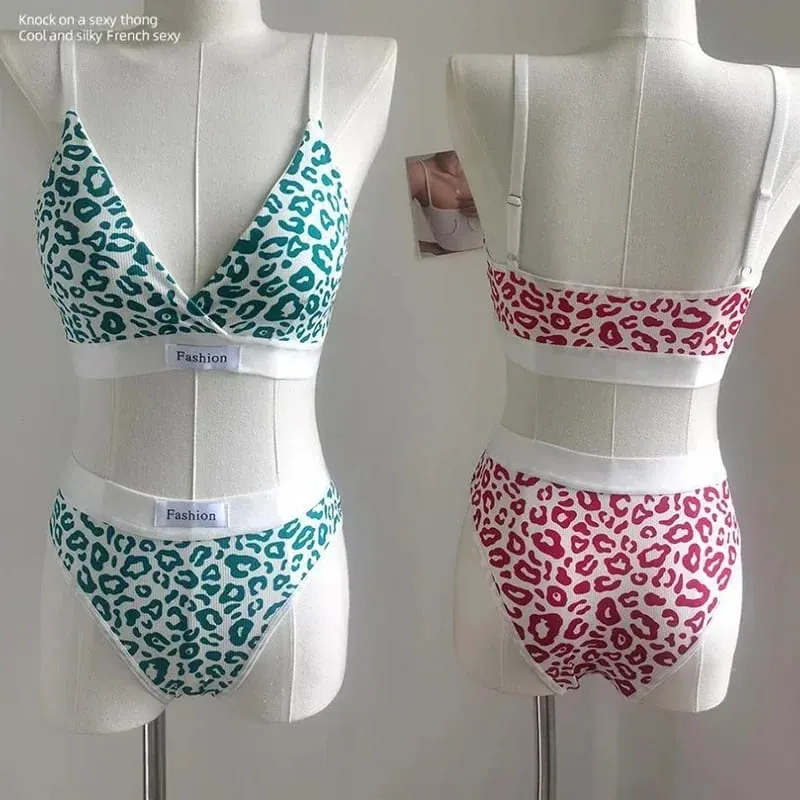 Women Seamless Bra Set Sexy Lingerie Low Waist Panties Leopard Bralette Set Vneck Sport Brassiere Female Cotton Underwear — image 4
