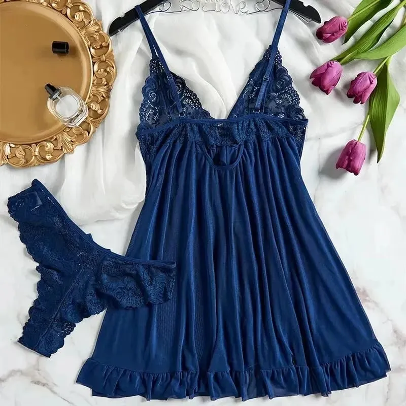 Tulle Suspenders Exquisite Women's Lencerias Lace V-Neck Underwear Semi-transparent Thong Dress Set Females Lingerie Nightgowns — image 1
