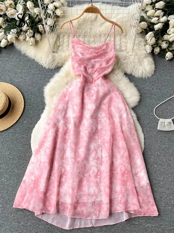 Feminino floral cinta de espaguete vestido elástico ruched sexy oco sem costas vestido de festa verão boho férias praia vestido de verão — image 7