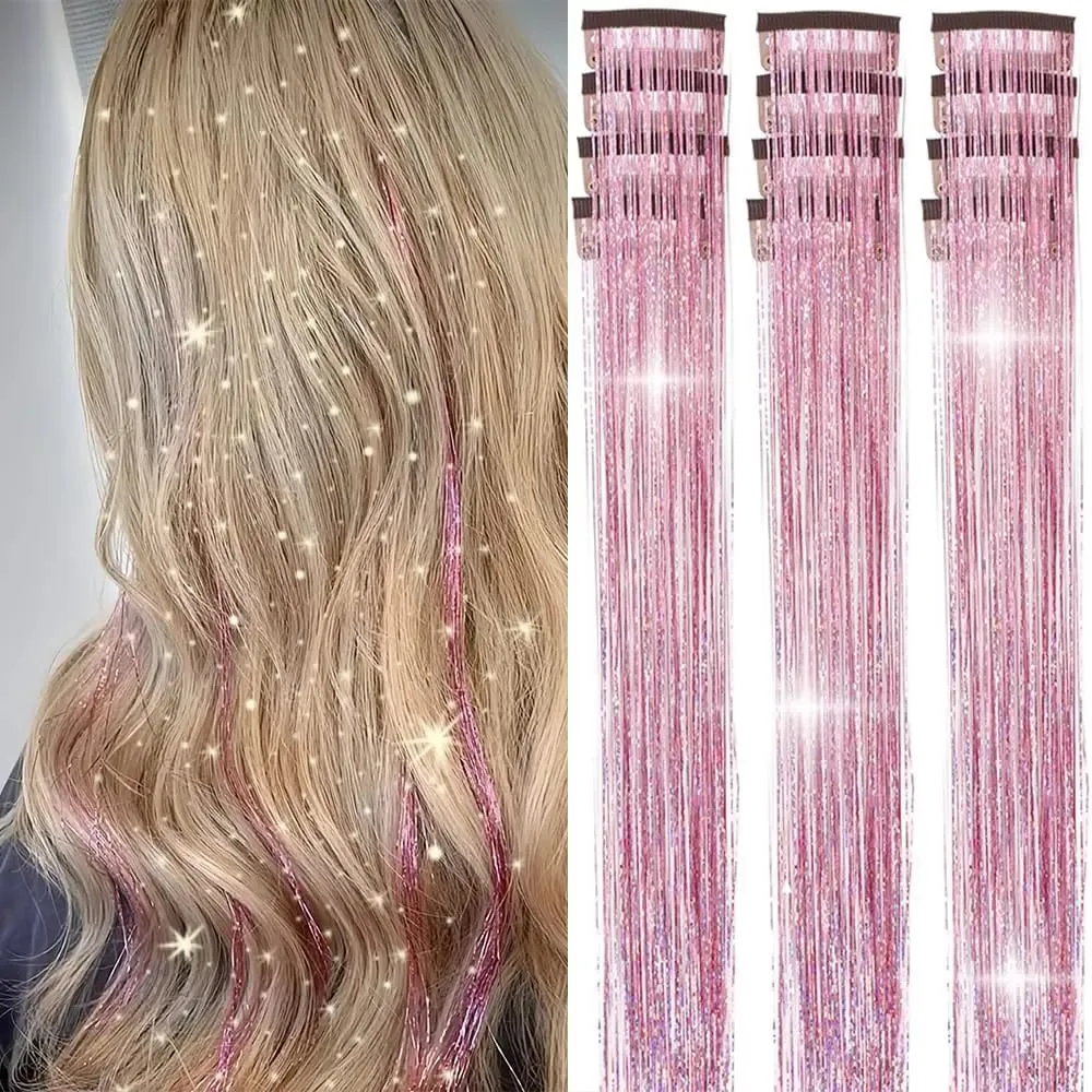 Hair Tinsel 12pcs Shiny Hair Metal Ribbon Clip Wig Piece Glitter Ribbon In Hair Party Focus Delicate Eye-Catching Gift Synthetic — image 12