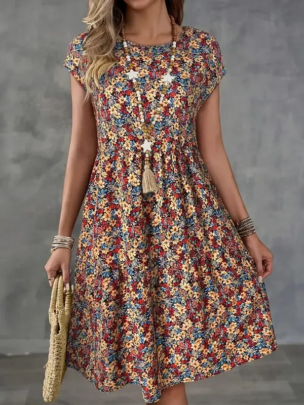 Women's Summer Floral Print Short-Sleeved Round Neck Dress Casual Loose Vacation Style Dress