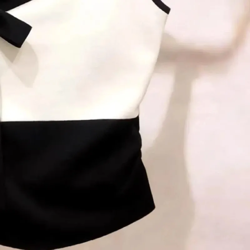 Summer New Contrast Bow Patchwork Off Shoulder Sexy Tanks Slim Sleeveless Elegant T Shirt Tops Temperament Trend Women Clothing — image 4