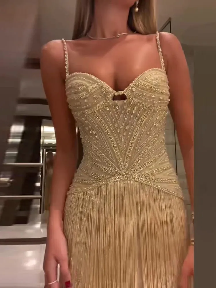 Fashion Backless Slim Fit Evening Gown Shiny Sequined High Waist Women Long Dress Sexy Wrap Chest Sleeveless Hollow Tassel Dress — image 2