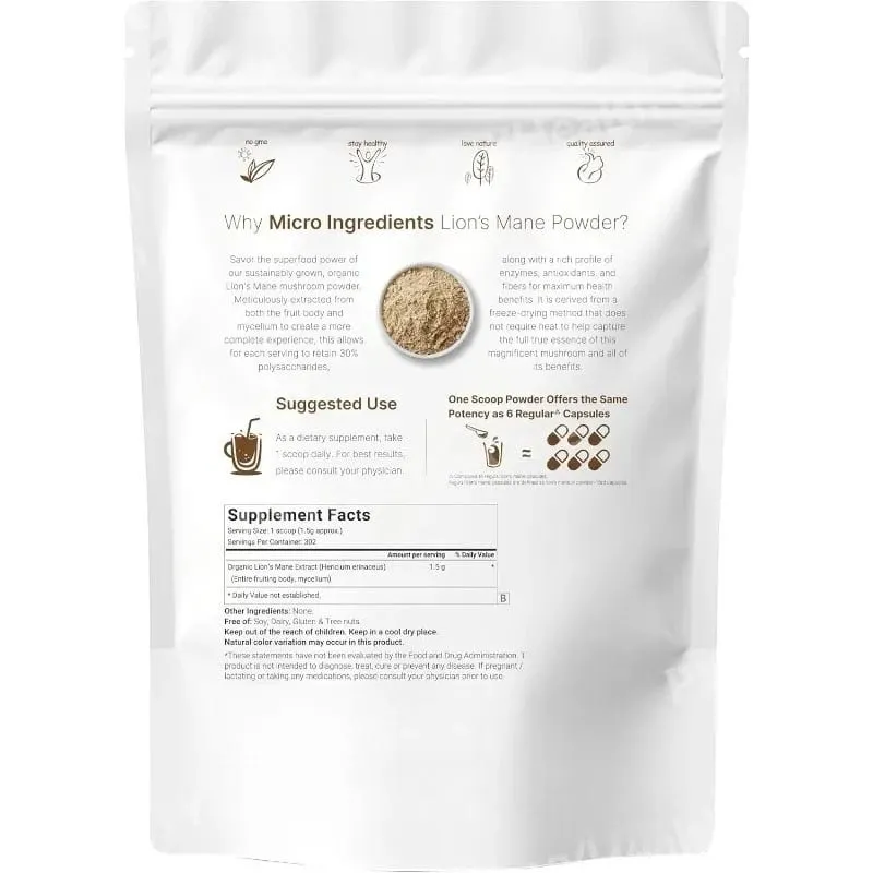 Organic Lion’s Mane Mushroom Pure Fruiting Body Superfood Supports Brain Focus Energy Immune Health Great for Smoothies Coffee — image 3