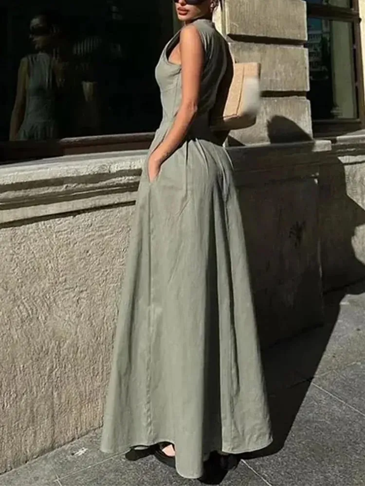 Dragkedja Lång Klänning Kvinna Plisserad Ärmlös Bodycon Klänning Sommar Eleganta Festklänningar För Kvinnor 2025 Nya Midiklänningar