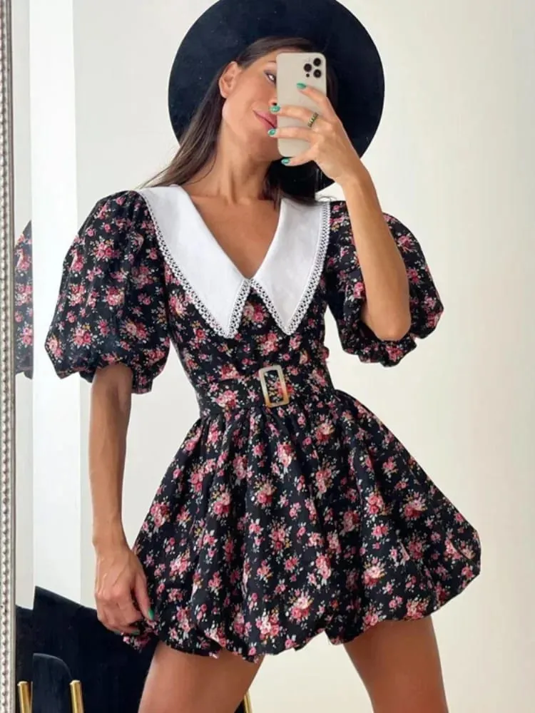 Elegant blommig klänning för kvinnor med midjeband Chic turndown-krage Puffärm A-linjeklänningar Dam Sommar Dagliga Vestidos — image 6