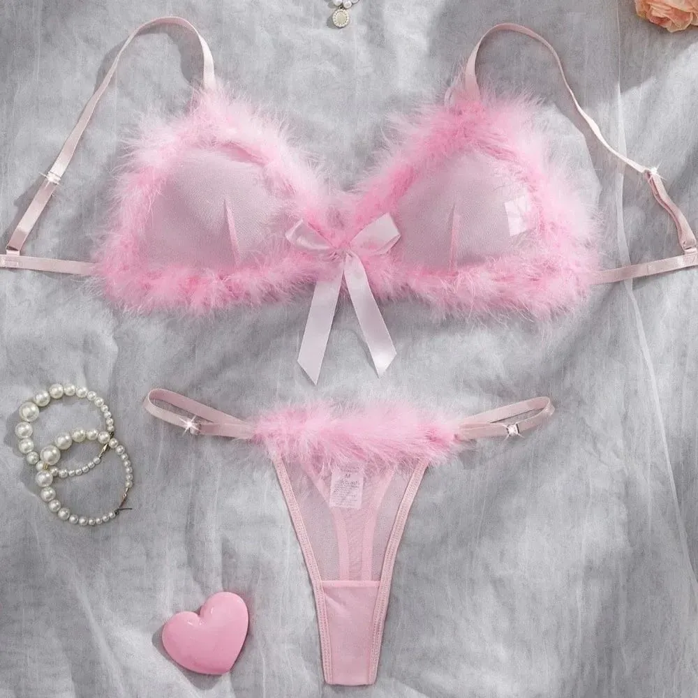 Underclothes Furry Women's Underwear Wireless Mesh Transparent Lingerie Set Romantic Intimate Bow Decor Bra Panties Suit Home — image 3