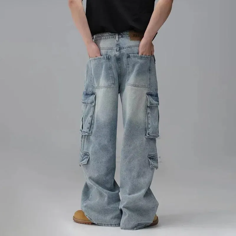 Men'S Spring And Summer Multi Pocket Workwear Design Jeans Retro Washed Japanese And Korean Casual Pants Loose Wide Leg Pants — image 3
