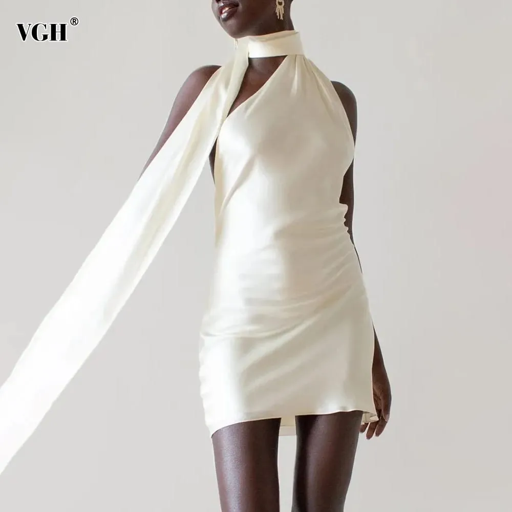 Vgh retalhos vestidos formais para mulheres gola halter fora do ombro sem mangas cintura alta sem costas cetim mini vestido estilo feminino — image 2
