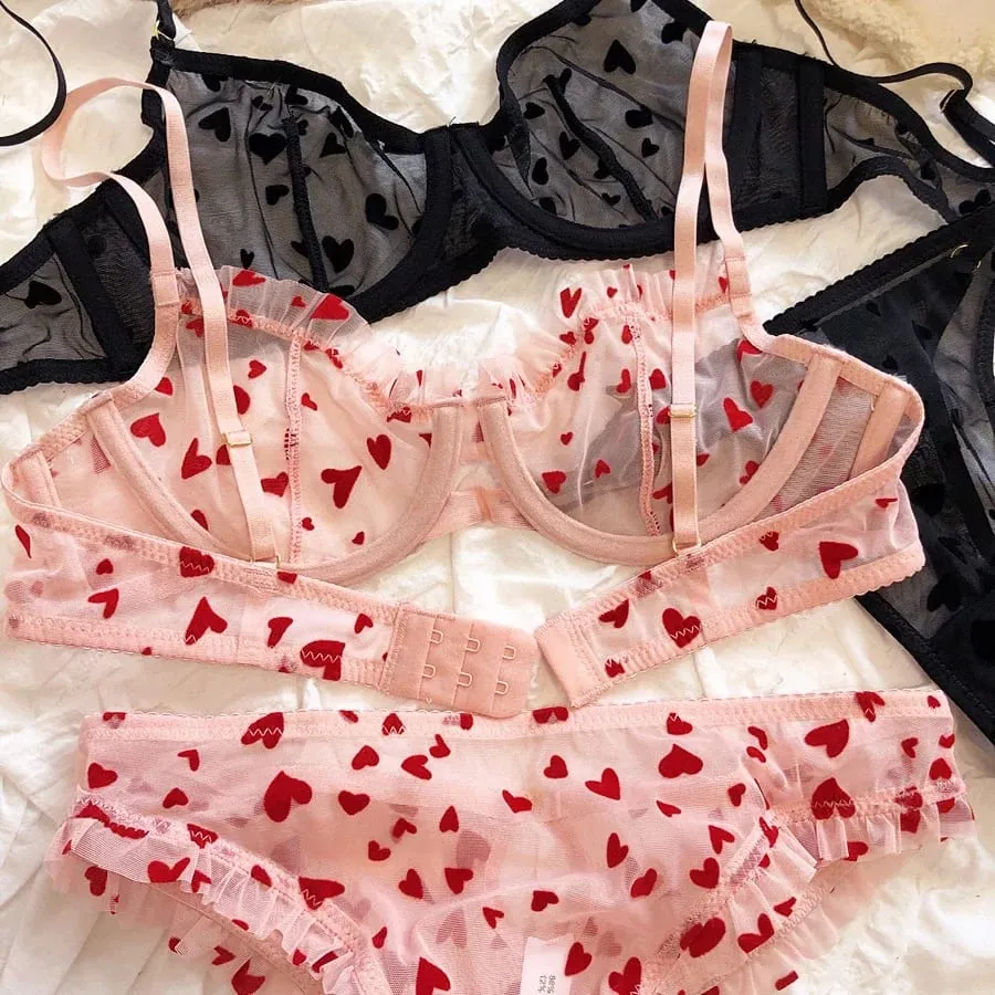 2 peças conjunto de lingerie sexy ultra fino respirável sutiã para mulher push up sutiã conjunto verão malha romântico pêssego coração íntimos — image 2