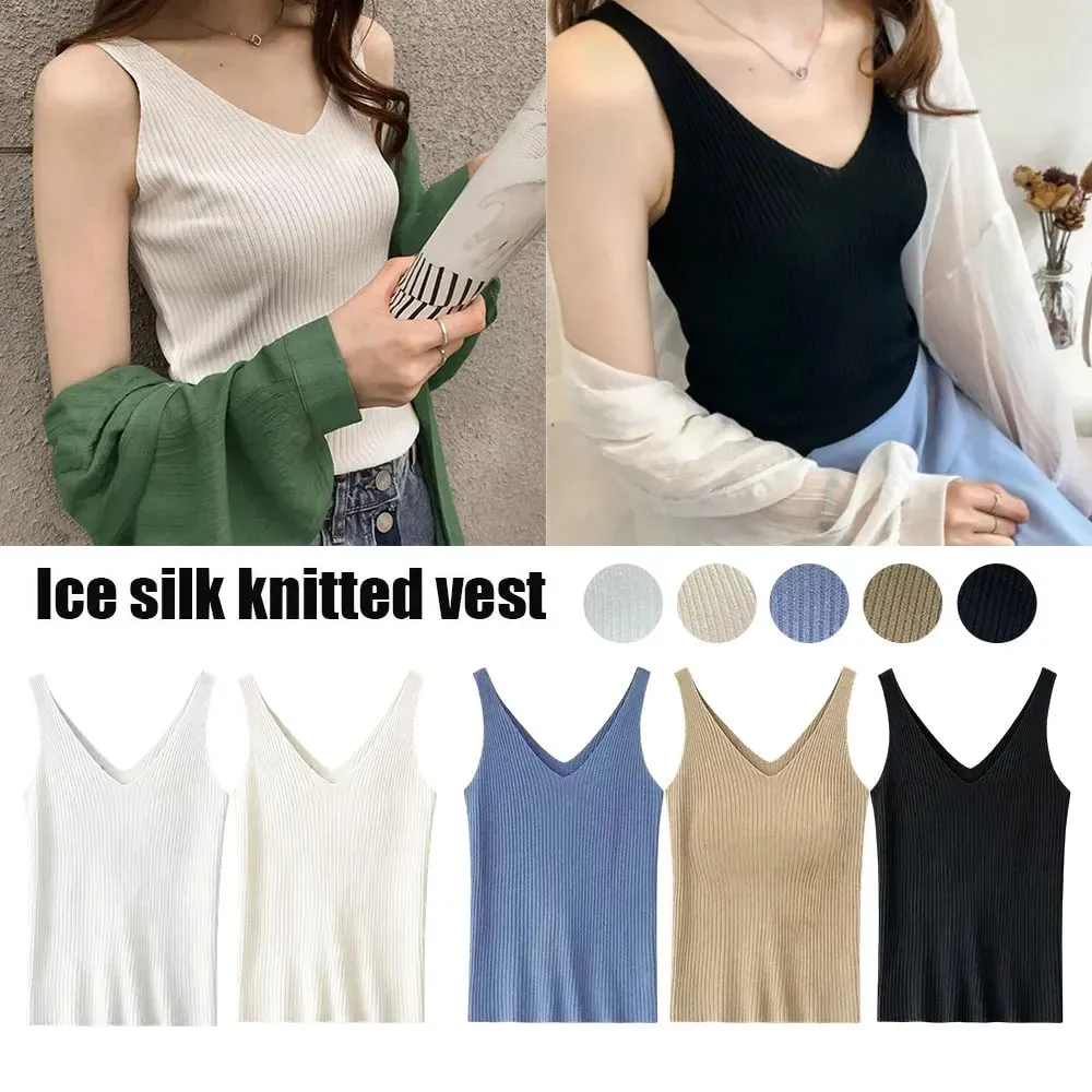 New Summer Sexy V-Neck Sleeveless Knit Women Camis Slim Pure Desire Style Basic Crop Top Korean Style Solid Versatile Tank Top — image 4