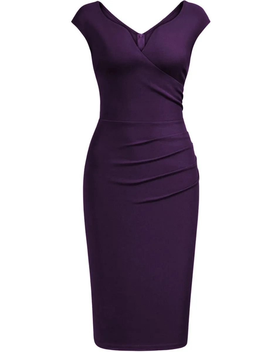 Women Elegant Cap Sleeve V-Neck Ruched Slim Knee Length Cocktail Party Wrap Sheath Bodycon Pencil Dress — image 3