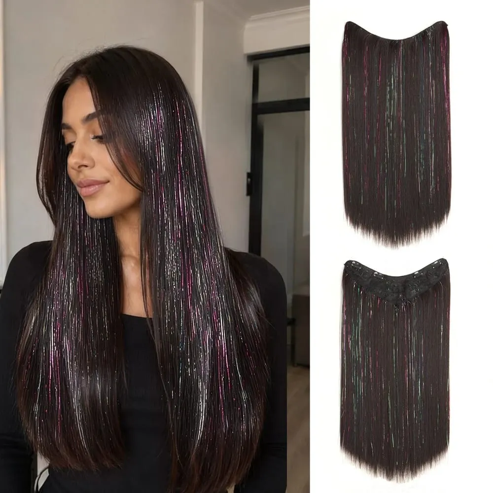 24Inch Long Straight Synthetic Clip‑in Hair Extensions Glitter Laser Tinsel Hair High‑Temp Fiber Shiny Hairpiece for Women Daily