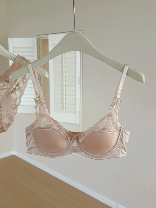 Red Lace Satin Bra Set Half Cup Thin Push‑Up Less Show Big Chest Sexy French Lingerie Women Underwear 32‑38 — image 14