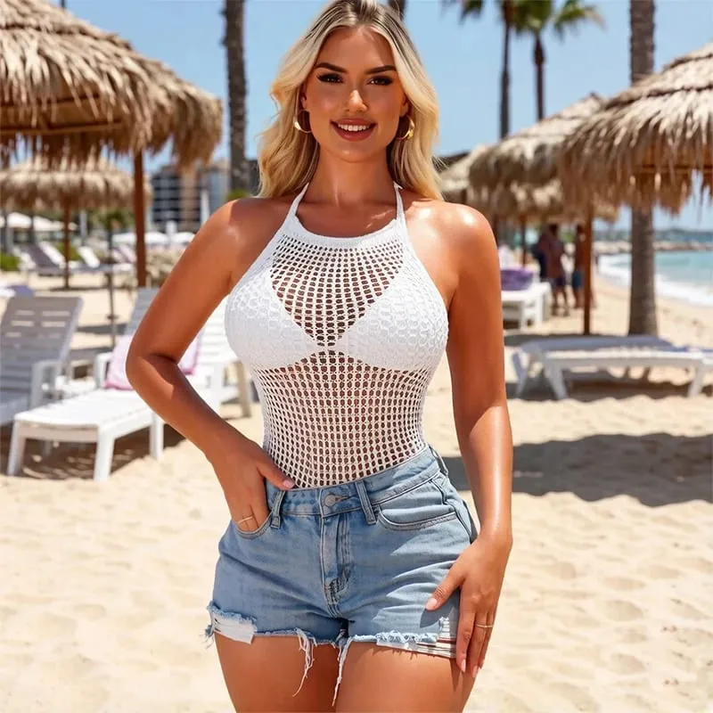 Women Summer Beach Cover Up Hollow Out Beachwear Bodycon Dress Without Underwear Sheer Mesh Fishnet Music festival Swimsuit — image 9