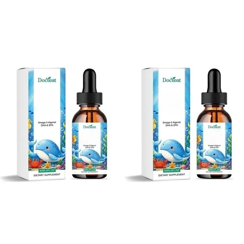 Docteat Plant Based Omega-3 Algae Oil DHA EPA Liquid Drops Kids Brain Health Vegan Non-GMO Daily Nutrition Orange 60 Servings