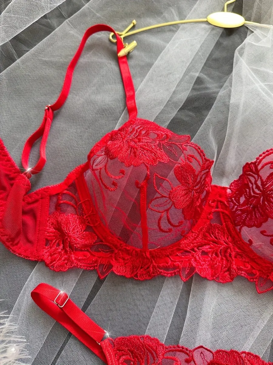 A1 sexy vermelho floral bordado puro laço lingerie conjunto S-XL feminino ver através de malha sutiã tanga 2 pçs romântico dia dos namorados íntimos — image 6