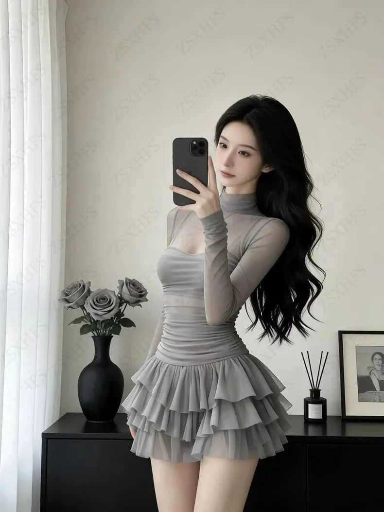 Korea Kawaii Sexy Dresses Punk Aesthetic 2000s Summer Sexy Girl Gentle Dress Chiffon Perspective Trendy Slim Tiered Short Dress