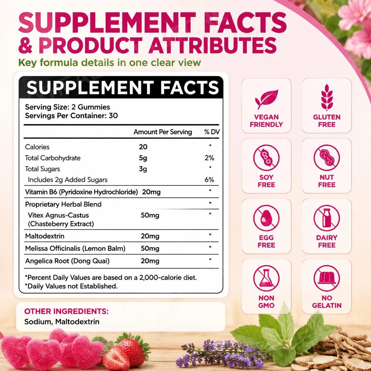 PMS Support Gummies with Chasteberry Vitex Dong Quai Vitamin B6 & Lemon Balm for Women's Monthly Wellness & Mood 60 Gummies — image 2