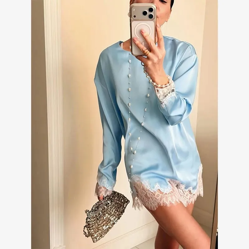 Pambabae Light Blue Lace Satin Round Neck Dress Elegant Side Tie Long Sleeve Soft Short Gown 2026 Daily Vacation Party Sundress