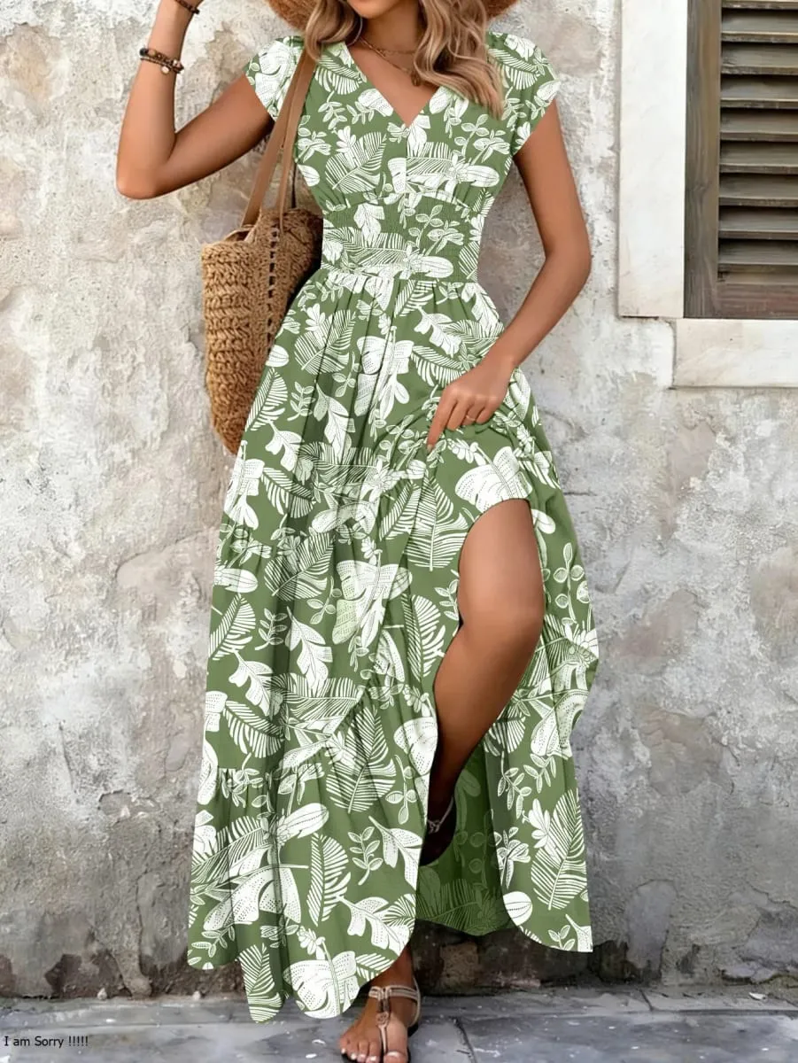 2026 Vintage Floral Print Dress Elegant V-Neck Short Sleeve Long Women's Fashion Retro Gown — image 6