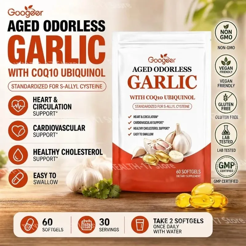 Googeer Aged Odorless Garlic Softgels with CoQ10 Ubiquinol Vitamin K2 (MK-7) for Circulation & Cholesterol Support 60 Softgels — image 1