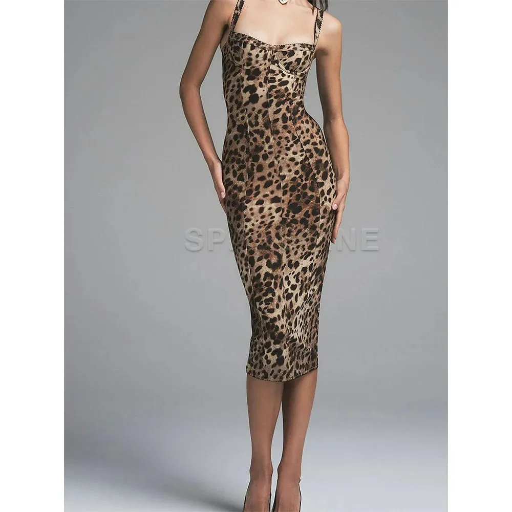 Vestido feminino sexy com estampa de leopardo, sem mangas, justo, bodycon, meia panturrilha, roupa de balada, vestidos de festa à noite — image 4