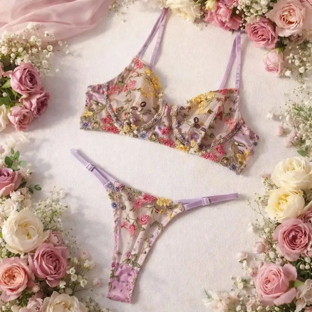 2-Piece Floral Lingerie Set Embroidery Versatile Underwear Intimates Underwire Push-up Sheer Bra Panty Set For Lady Girl — image 1