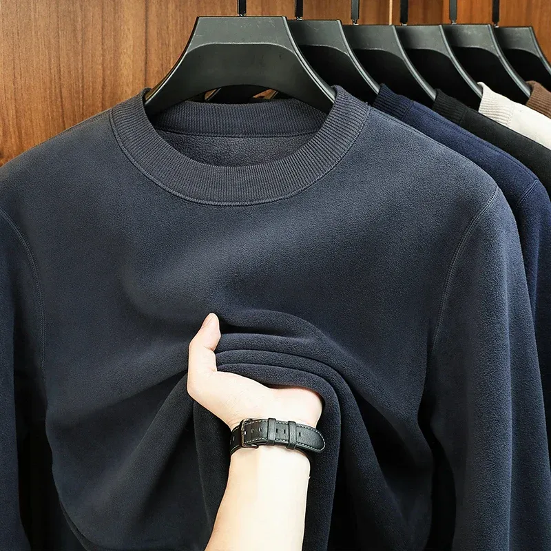 Taglagas at Winter Men's Velvet Hoodie Long Sleeve Round Neck Solid Color Fashion Casual Versatile Top — image 5