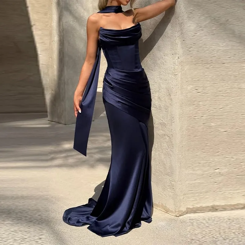 Babaeng Sexy Pleated Strapless Satin Dress Chic Solid Off-Shoulder Backless High Waist Bodycon Dresses 2026 Bagong Evening Party Gown