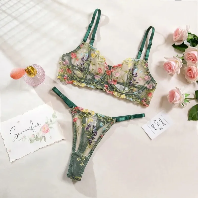 2-Piece Bohemia Floral Lingerie Set Embroidery Versatile Underwear Intimates Sheer Underwire Push-up Bra Panty Set For Lady Girl