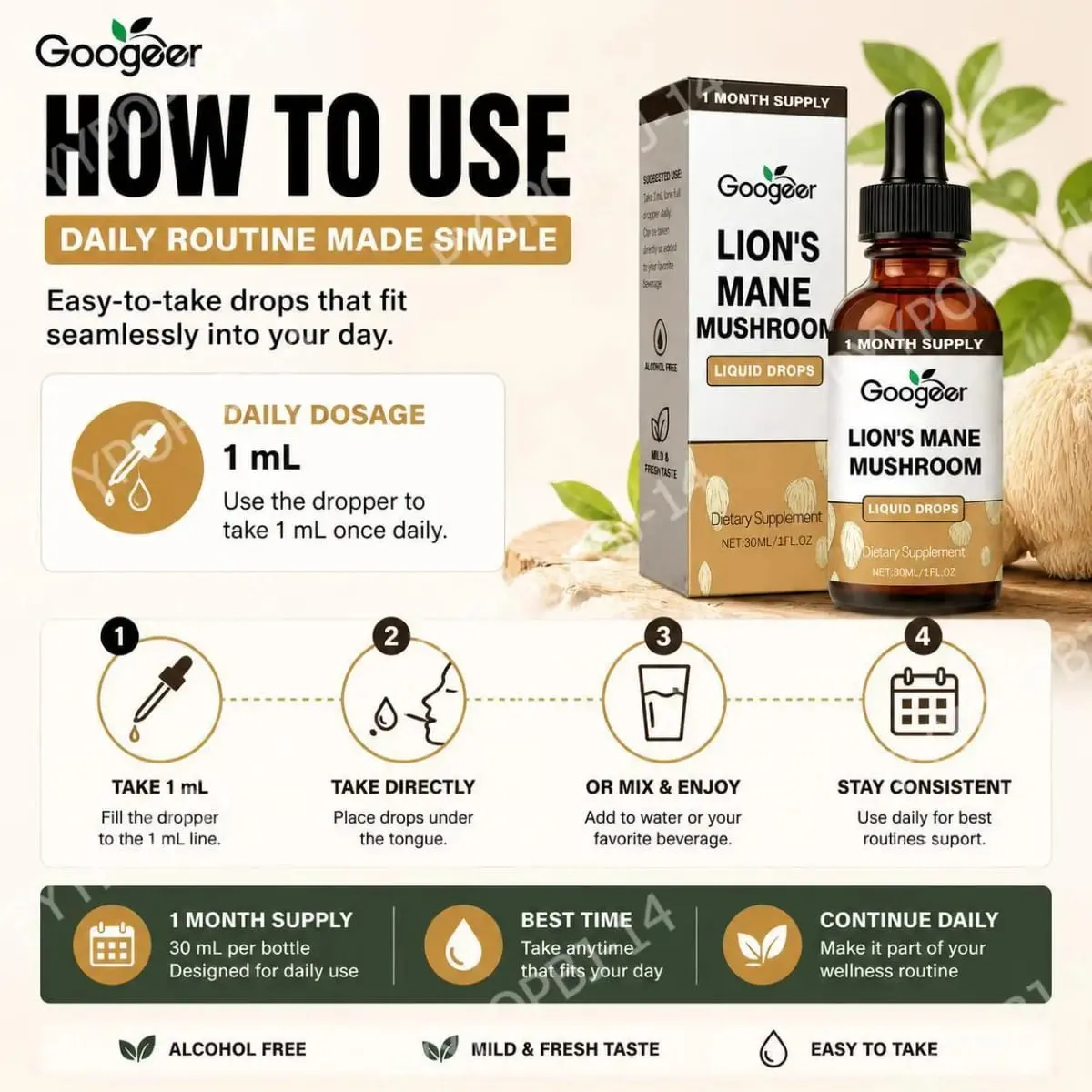 Googeer Lion's Mane Cogumelo Líquido Gotas de Memória e Suporte de Foco para Clareza Cognitiva Agilidade Mental Sem Álcool 30 ML — image 6