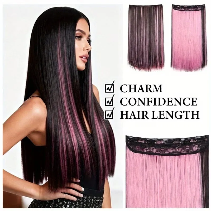 Synthetic 24Inch Long Straight 5 Clips Colorful Highlight Hair Extension Natural Soft Silky Hairpiece for Women Daily Use — image 4