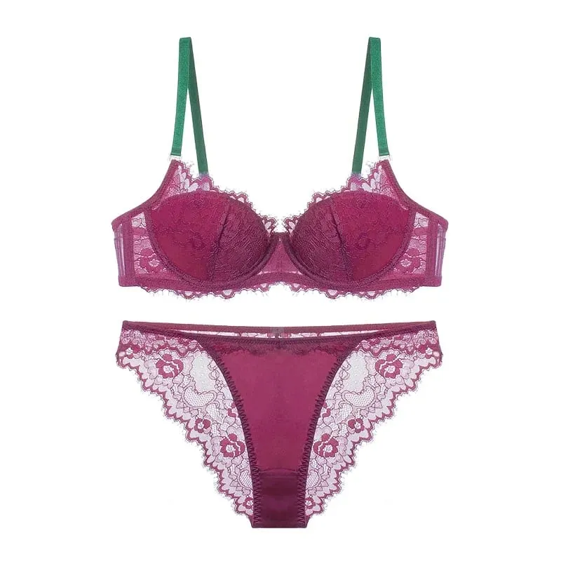 Sexy Lace Bralette & Panty Set with Push Up Steel Ring Large Size Thin Lingerie for Women