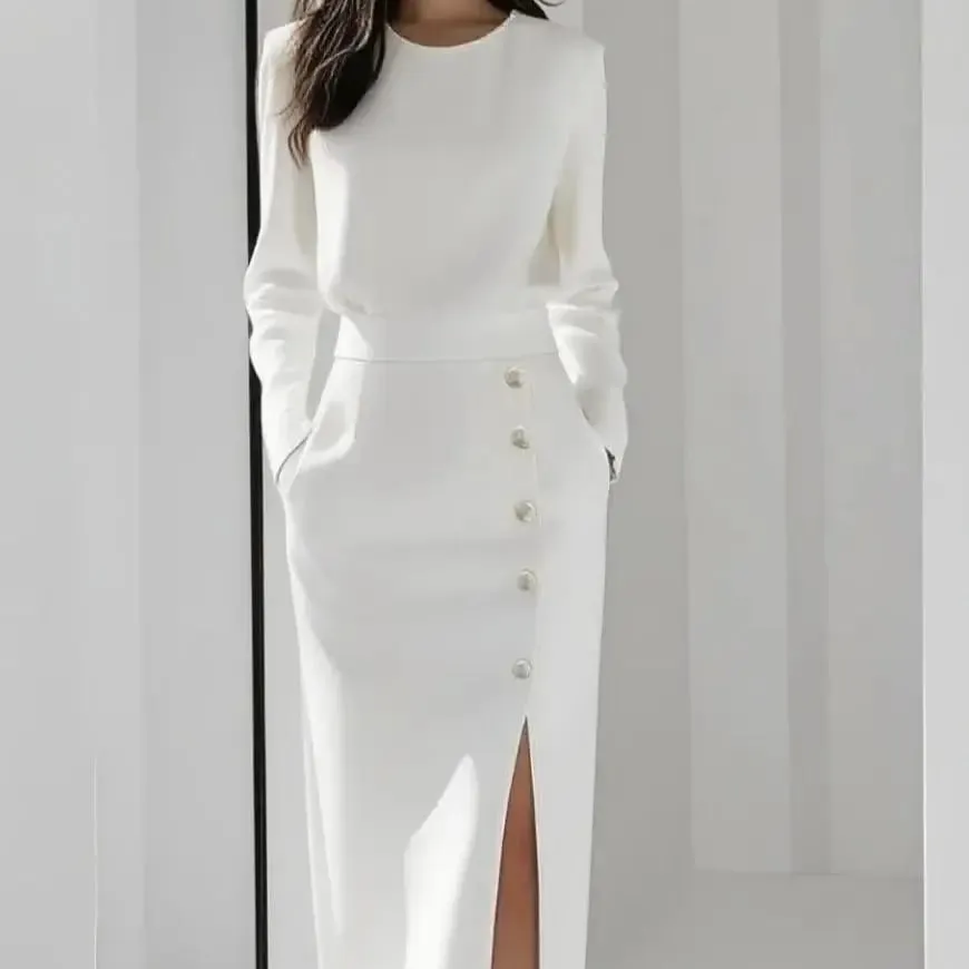 Women's Solid Color Long Sleeves Elegant Midi Dress with Button Details and Side Slit - Crew Neck