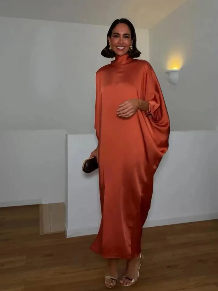Women Solid Satin Maxi Dress High Neck Batwing Sleeve Loose Fit Front Slit Dresses Lady 2026 Summer Elegant Evening Party Outfit — image 4