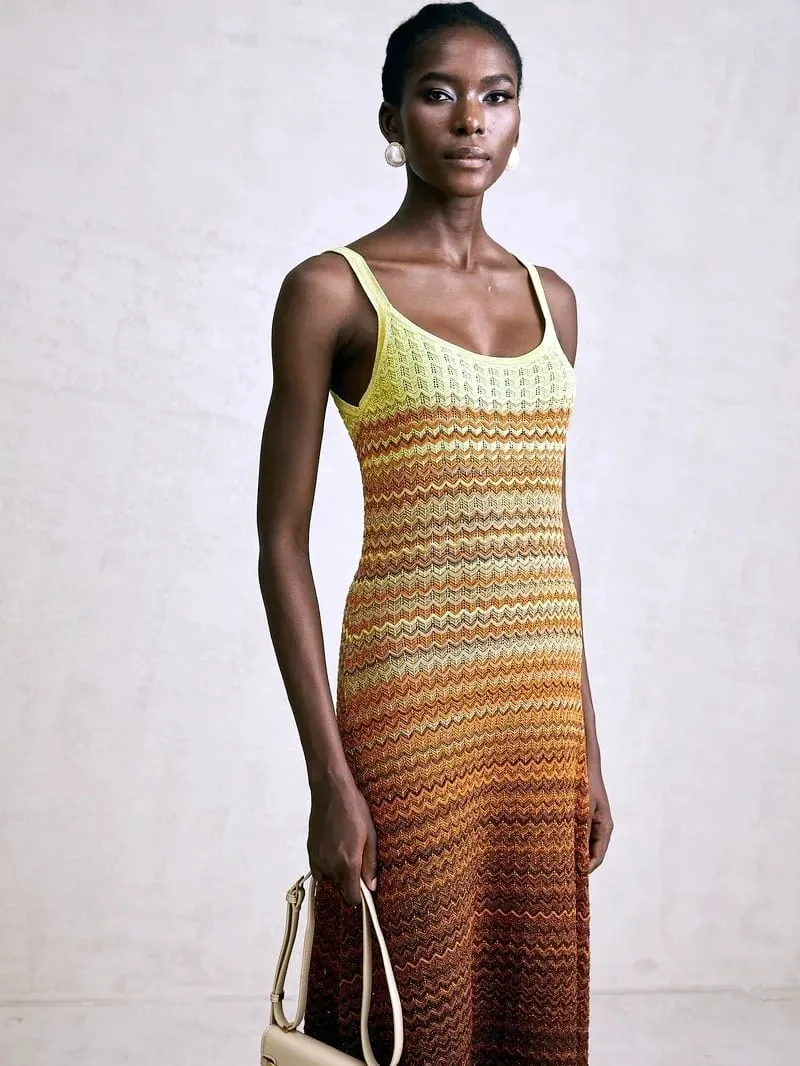 Marca de luxo design feminino elegante boho africano lantejoulas douradas maxi sem mangas festa à noite vestido férias malha senhora roupas — image 6